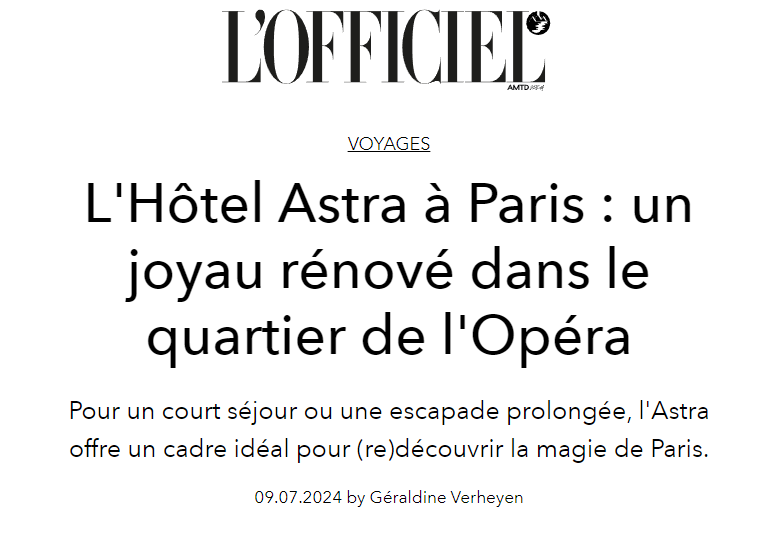 Lofficiel-page-de-garde L'Officiel / HOTEL ASTRA Press Presse 